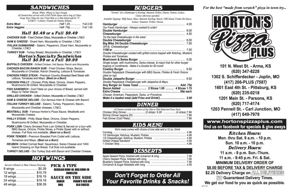Horton's Pizza Menu | Joplin MO