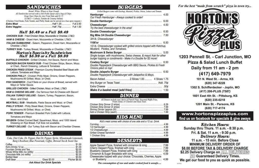 Horton's Pizza Menu | Carl Junction MO